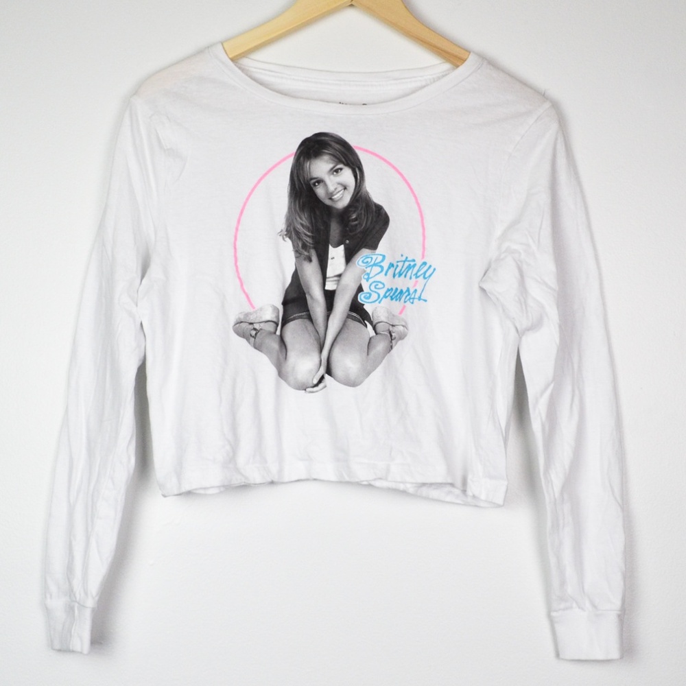 White Britney Spears Long Sleeve Crop Tee
